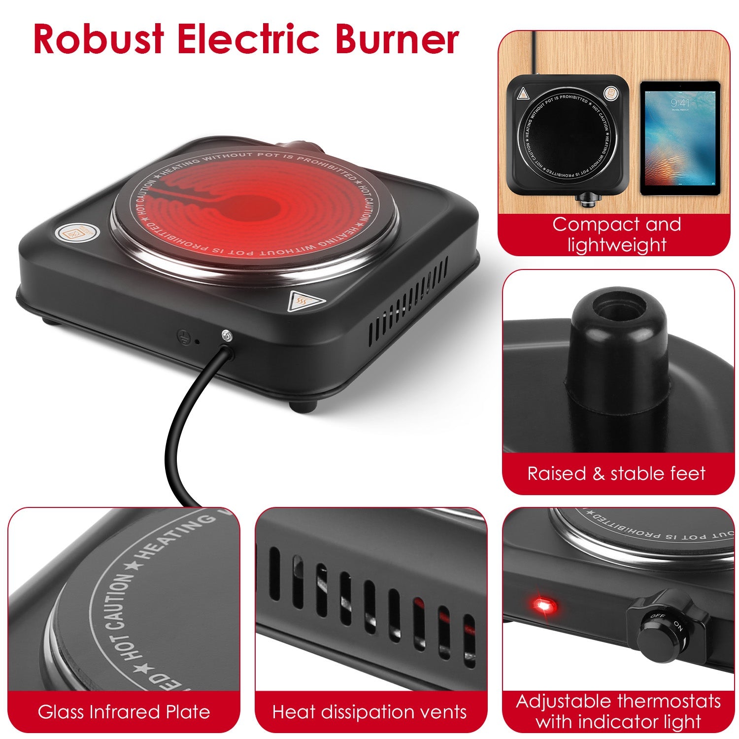 1200W Electric Infrared Single Burner Portable Heating, Hot Plate Stove Countertop RV Hotplate With 7.5in Glass Cooktop