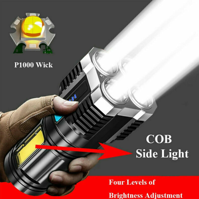 POWERFUL Tactical Quad-Core Super Bright Torch LED Flashlight, USB Rechargeable
