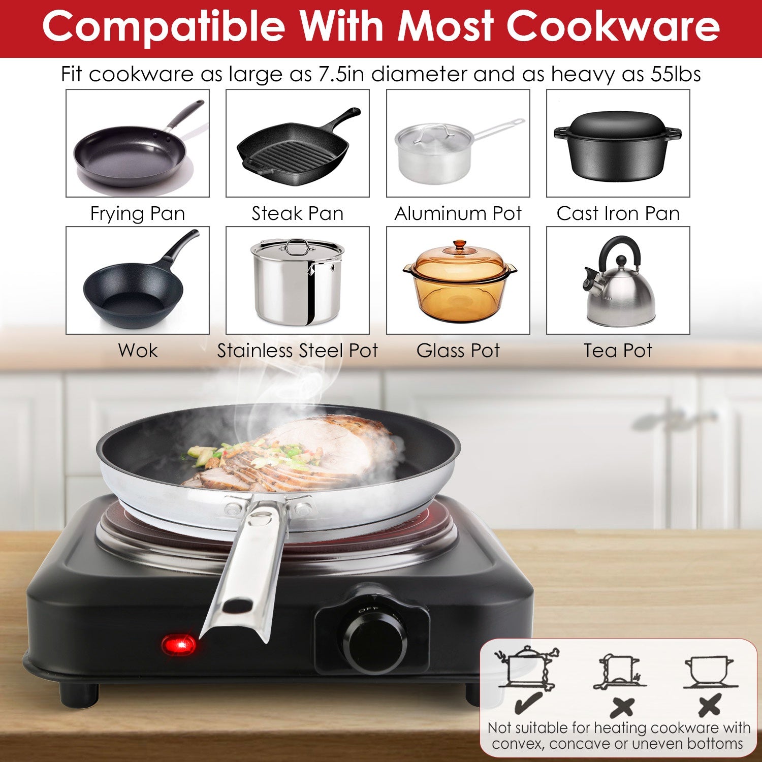 1200W Electric Infrared Single Burner Portable Heating, Hot Plate Stove Countertop RV Hotplate With 7.5in Glass Cooktop