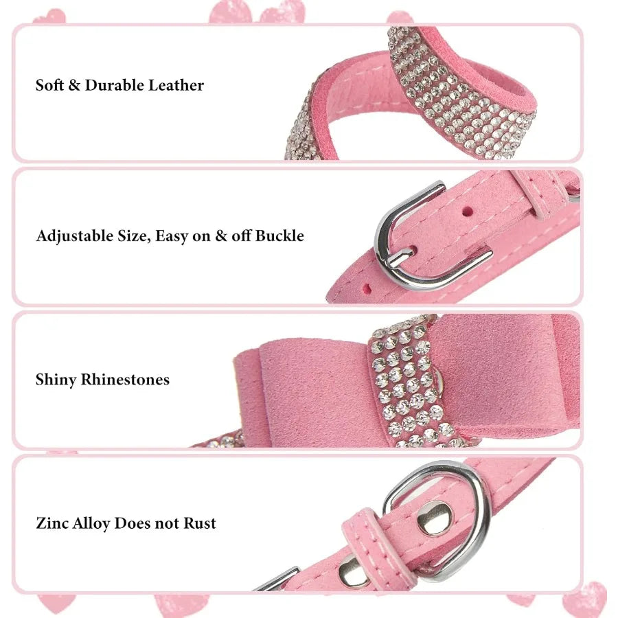 Pink Rhinestone Dog Collar Soft Suede Glitter Diamond Jewelry Crystal Girl Puppy