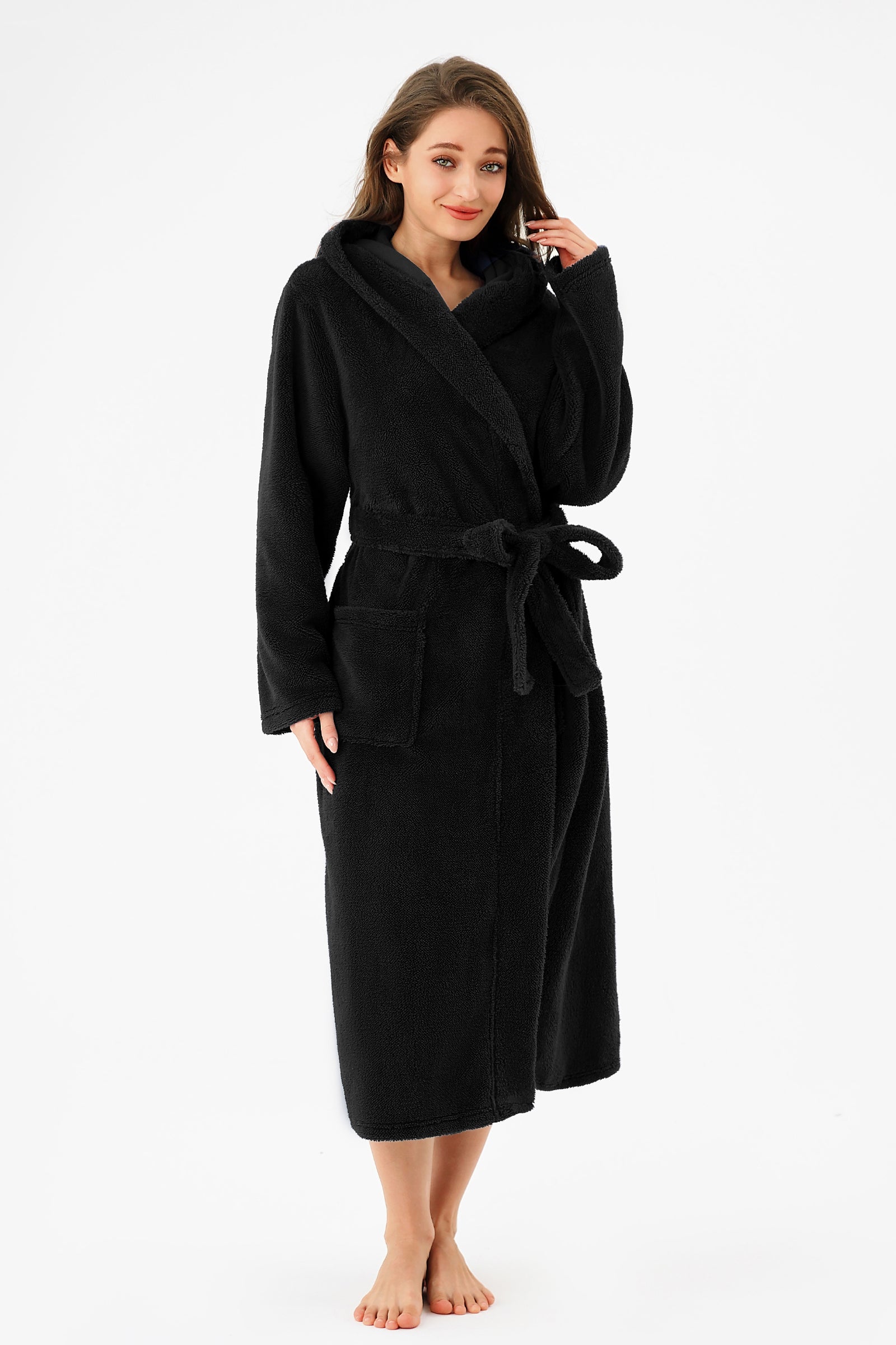 RONGTAI Womens Hooded Robe Long Plush Fleece Bathrobe With Pockets Nightwear