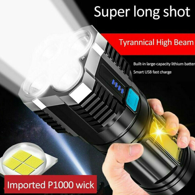 POWERFUL Tactical Quad-Core Super Bright Torch LED Flashlight, USB Rechargeable