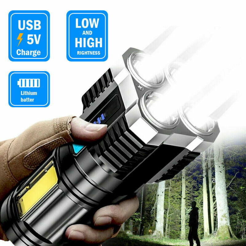 POWERFUL Tactical Quad-Core Super Bright Torch LED Flashlight, USB Rechargeable