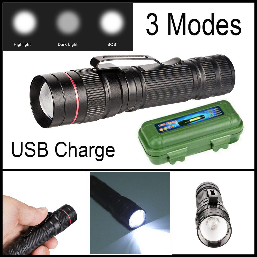 LED Military Flashlight USB Rechargeable Tactical Zoom Torch Most Powerful Mini Pen Light