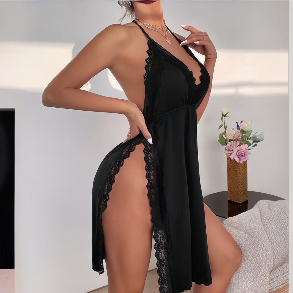 Elegant Women's Black Lace Slit Dress - Perfect For Evening Wear